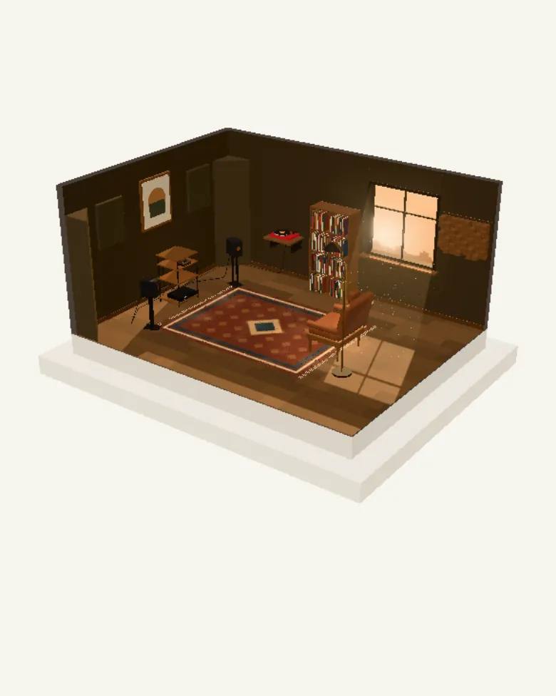 A cut-away model of a listening room in warm afternoon light: KEF LS50 speakers on stands, an Arcam SA20 amplifier, a Rega Planar 3 turntable and a Bluesound NODE streamer